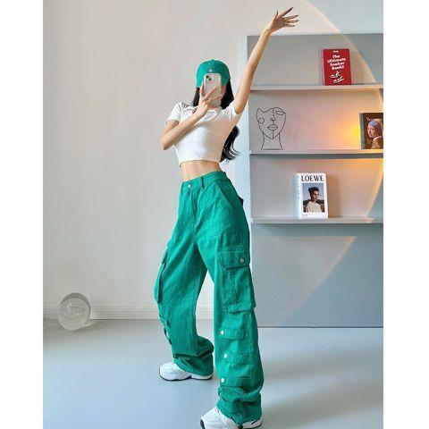 Fashion Casual Ladies Loose High Waist Green Overalls Jeans