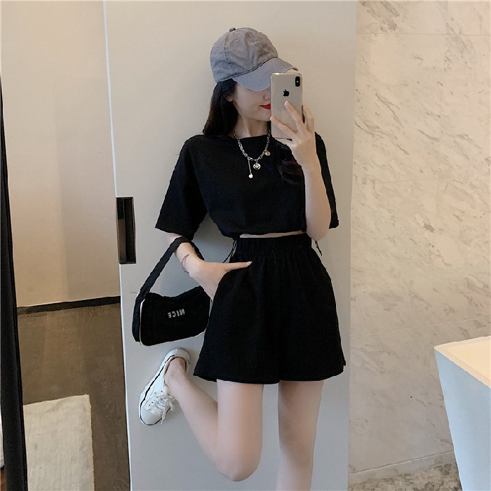 Fashion Casual Sports Women Athleisure Short-Sleeved Elastic Waist T-Shirt Wide-Leg Shorts Two-Piece Summer Set