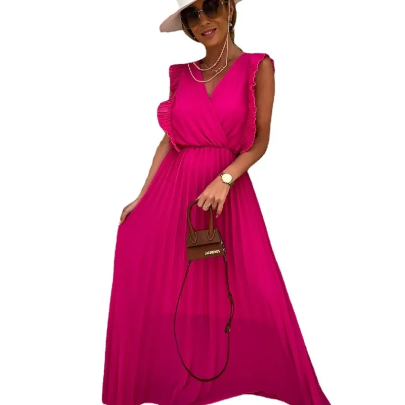 Women Elegant Solid Color Sleeveless Ruffled V Neck Maxi Party Vacation Dress