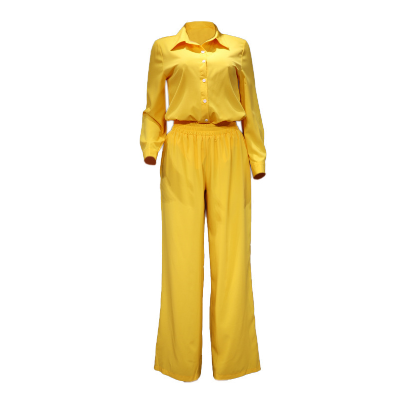 Women Fashion Elegant Solid Color Shirt Loose Wide Leg Pants Two-Piece Set