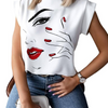 Women'S Simple Short Sleeve Stand Collar Lip Print Blouse