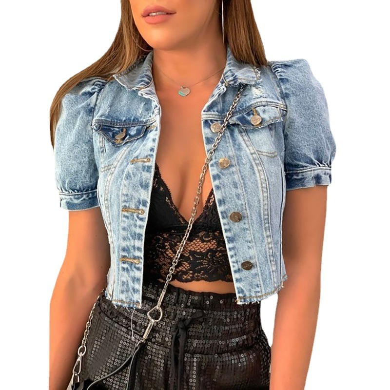 2 Pieces  Women Fashion Vintage Frayed Denim Short Sleeve Single-Breasted Jacket