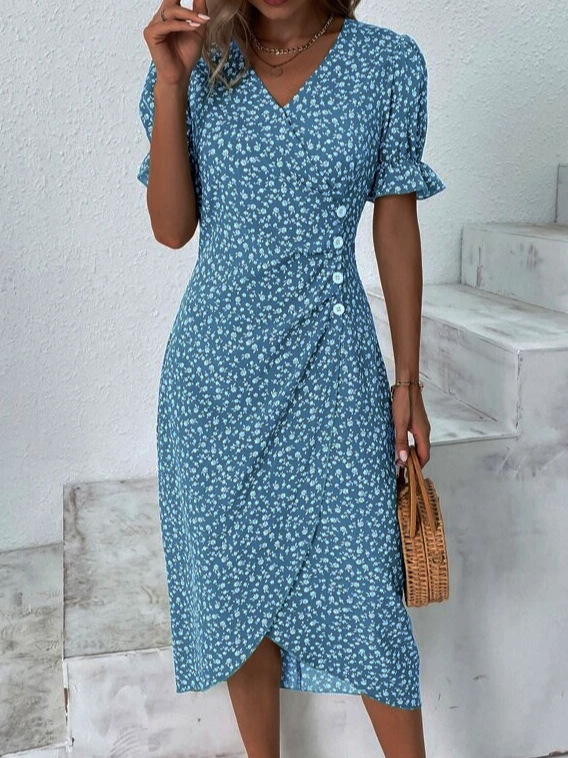 Women'S Fashion Casual Floral Printing Puff Sleeve Irregular Elegant Midi Dress