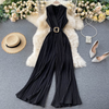 Women Retro Solid Lar Wide Leg Jumpsuits