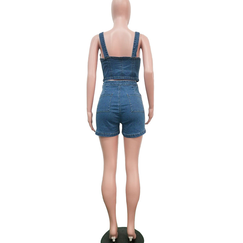 Women Sexy Single-Breasted Denim Tank Top And Shorts Two-Piece Sets