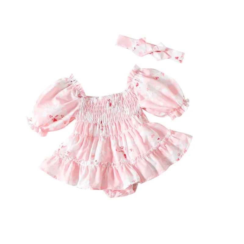 (Buy 1 Get 2) Newborn Baby Girl Cute Sweet Floral Shoulder Ruffled One-Piece Dress