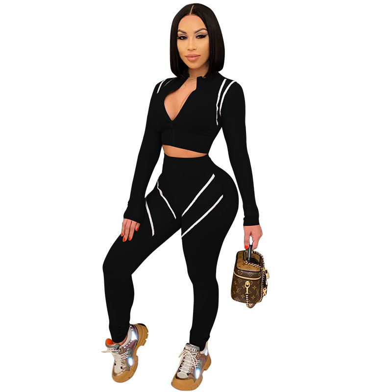 Women Fashion Casual Athleisure Stripe Mesh Patchwork Long Sleeve Zipper Top And Skinny Pants Sports Set