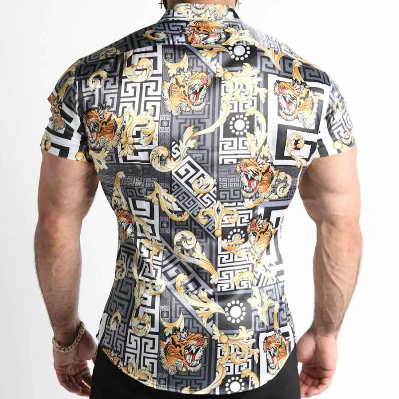 Men Casual Leopard Print Lapel Short Sleeve Slim Shirt