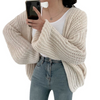 Women Autumn Lazy V-Neck Loose Casual Solid Color Long Lantern Sleeve Knitted Cardigan