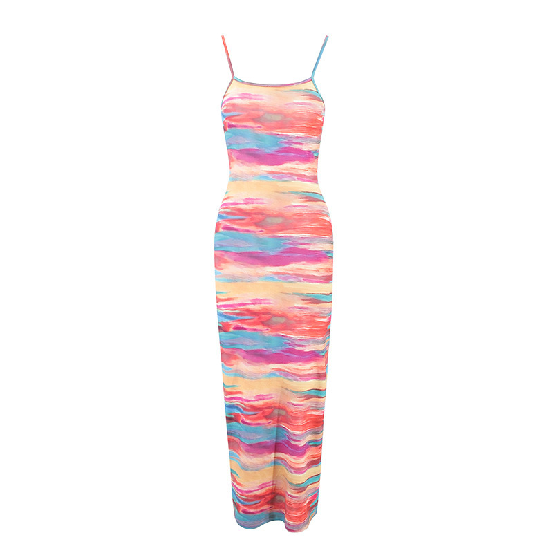 Women Fashion Sexy Tie Dye Printing Spaghetti Strap Dress