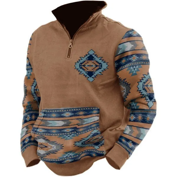 Men Spring Autumn Fashion Casual Ethnic Style 3D Digital Print Long Sleeve Stand Collar Zipper Plus Size Sweatshirts