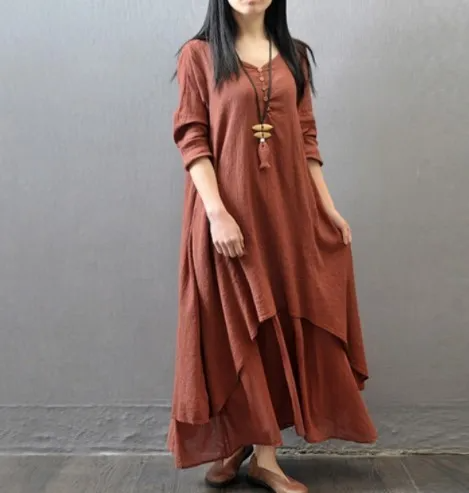 Women Ramadan /Eid Fashion Literary Solid Color Linen Long Sleeve V Neck Irregular Dress