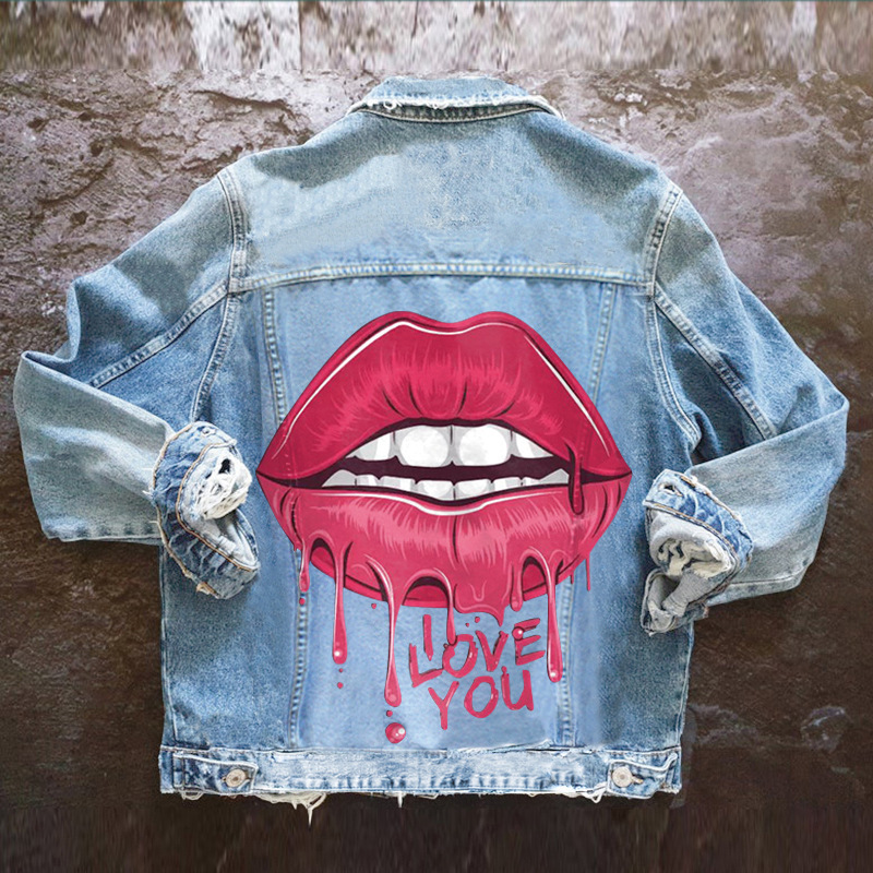 Women Casual Long Sleeves Graphic Printed Single-Breasted Denim Jacket