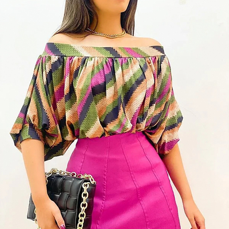 Women'S Fashion Color Contrast Pleated Off Shoulder Shirt