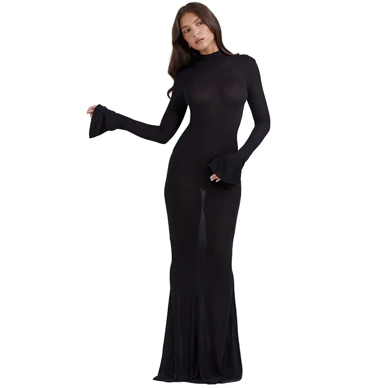 Women Sexy High Neck Long Sleeve Backless Bodycon Maxi Dress