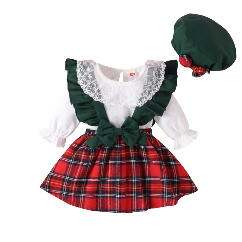 Baby Fashion Casual Christmas Solid Color Long Sleeve Round Neck Romper Playd Bow Skirt Sets