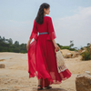 (Buy 1 Get 1) Ramadan /Eid Women Vintage Casual Vacation Chiffon V-Neck Long Flare Sleeve Lace-Up Red Maxi Dress