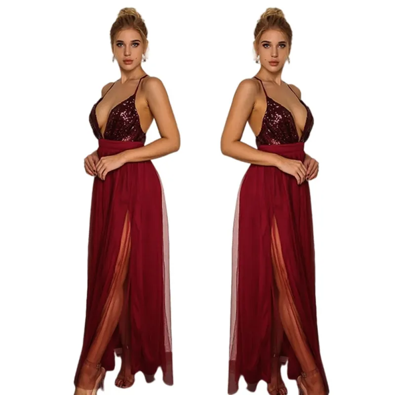 Elegnat Women Fashion Sequin Decor Deep V Side Slit Mesh Maxi Party Evening Dress