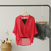 Women Fashion Solid Color Pullover See-Through Chiffon Blouse Black Camis Two-Piece Set