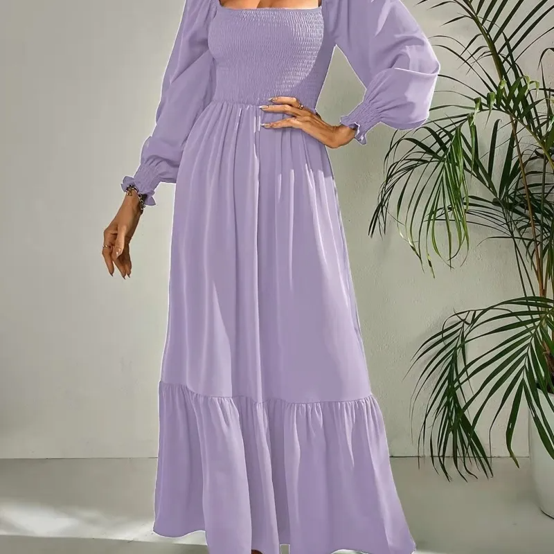 Women Ramadan /Eid Fashion Solid Color Square Collar Long Sleeve Ruffled High Waist Maxi Dress