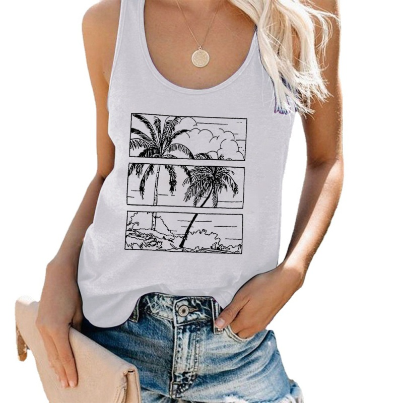 2 Pieces Women Casual Summer Vacation Large Size Coconut Tree Printing Tank Top