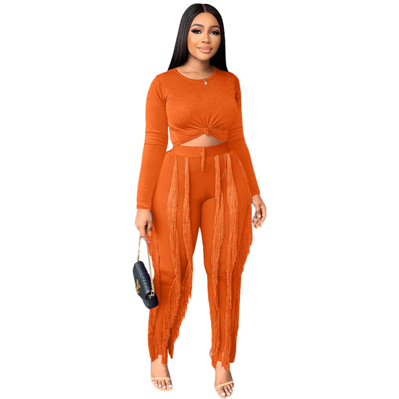 Women Solid Color Crewneck Long Sleeve Top And Tassel Pants Fashion Two-Piece Set