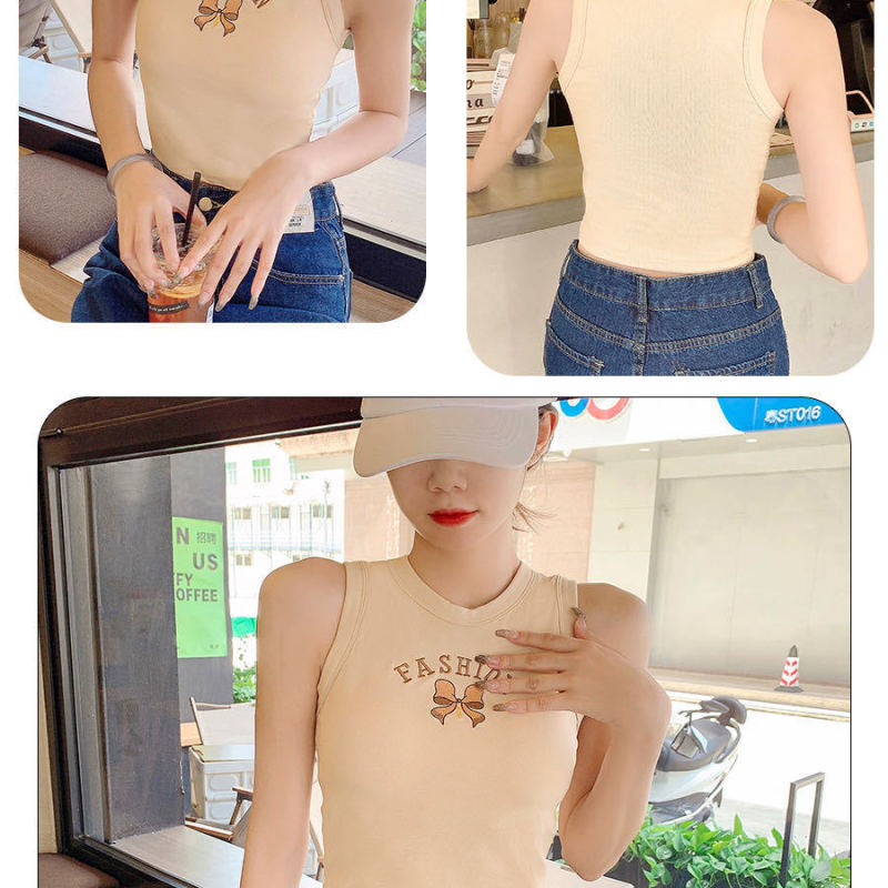 2 Pieces Women'S Casual Comfortable Wide Shoulder Embroidered Bow Tank Top With Chest Pad