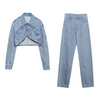 Women Fashion Long Sleeve Irregular Hemline Cropped Denim Jacket Top