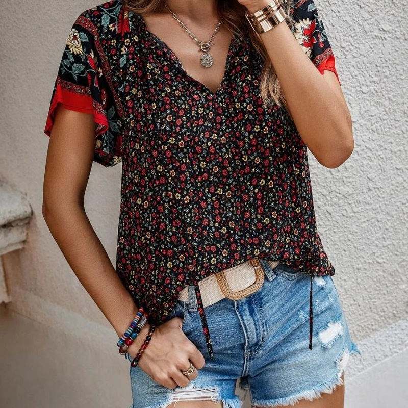 Fashion Women Summer Casual Boho Floral Printed V-Neck Short-Sleeved Loose Blouse