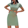 Women Fashion Sexy Solid Color Round Neck Short Sleeve Knotted Dress