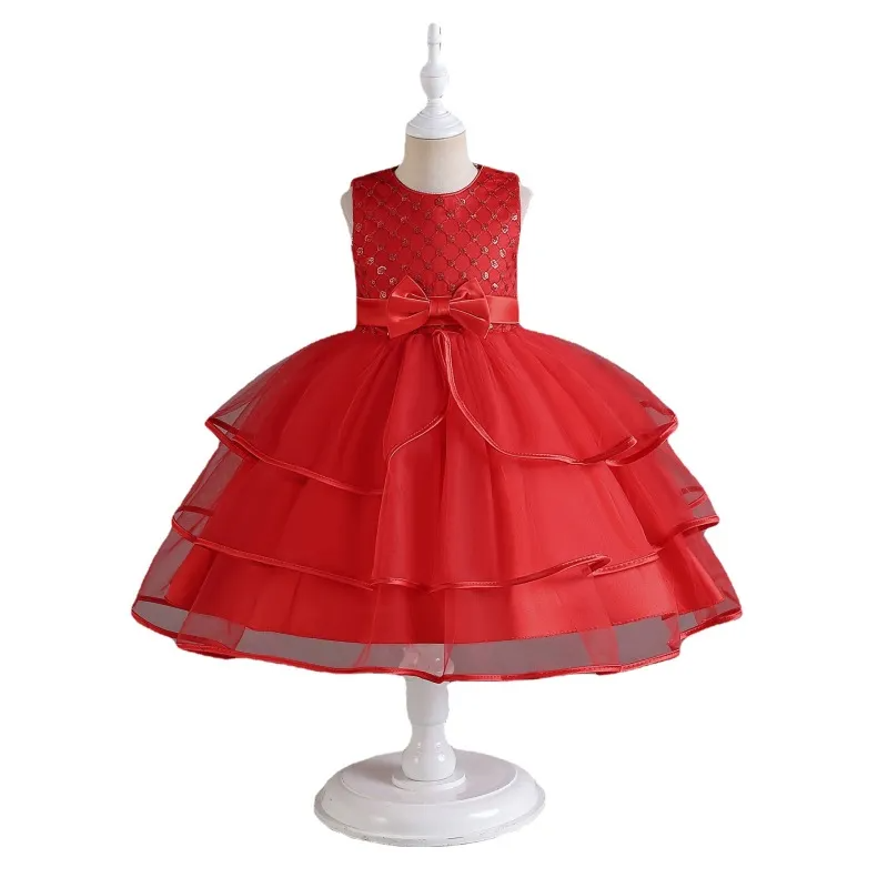 Kids Toddler Big Girls Summer Fashion Party Cute Sweet Solid Color Sequins Bow Pleated Sleeveless Mesh Party Tutu Dress