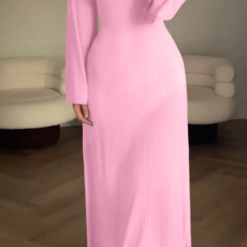 Women Fashion Casual Loose Solid Color Long Sleeve Maxi Dress