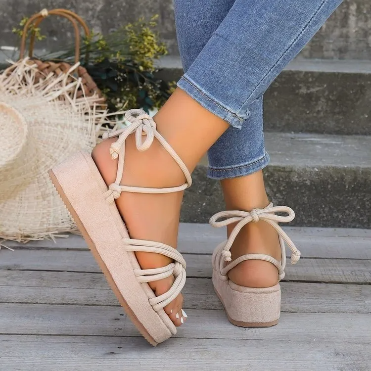 Women Fashion Casual Solid Color Strap Thick-Soled Round Toe Sandals