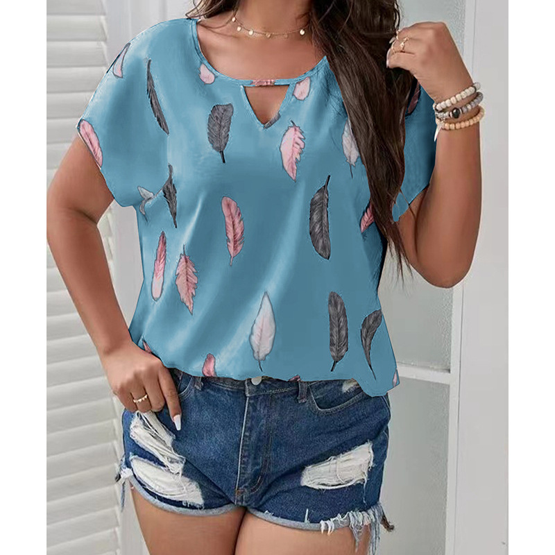 Fashion Casual Summer Vacation Plus Size Women V-Neck Feather Print Short-Sleeved Casual Blouse