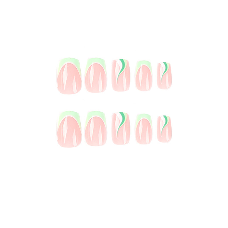 ( Buy 1 Get 2 ) Women Fashion Green And White Stitching Wavy Wearable False Nails