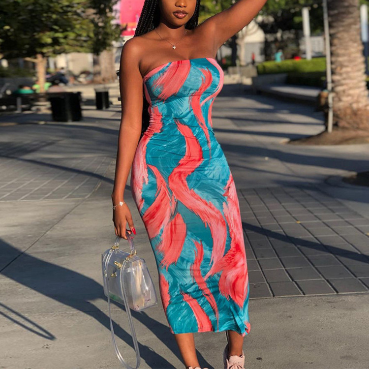 Women Fashion Sexy Printed Tube Maxi Dress