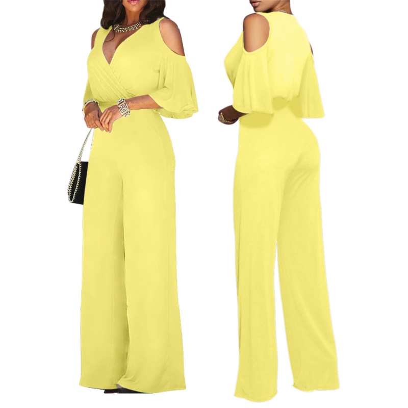 Women Solid Color Short-Sleeved Strapless Waist Fashion Wide-Leg Jumpsuit