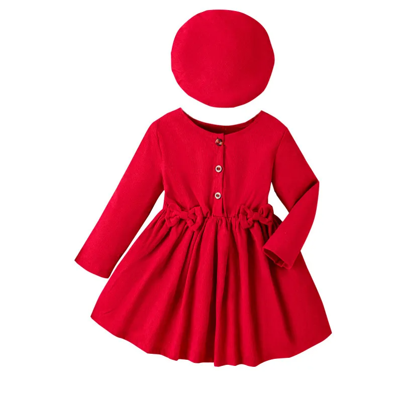 Toddler Girls Fashion Casual Solid Color Corduroy Bow Long Sleeve Round Neck Dress