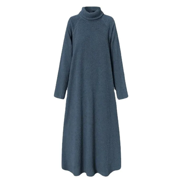 WomenAutumn And Winter Fashion Casual Plush Solid Color High Collar Long Sleeve Maxi Dress