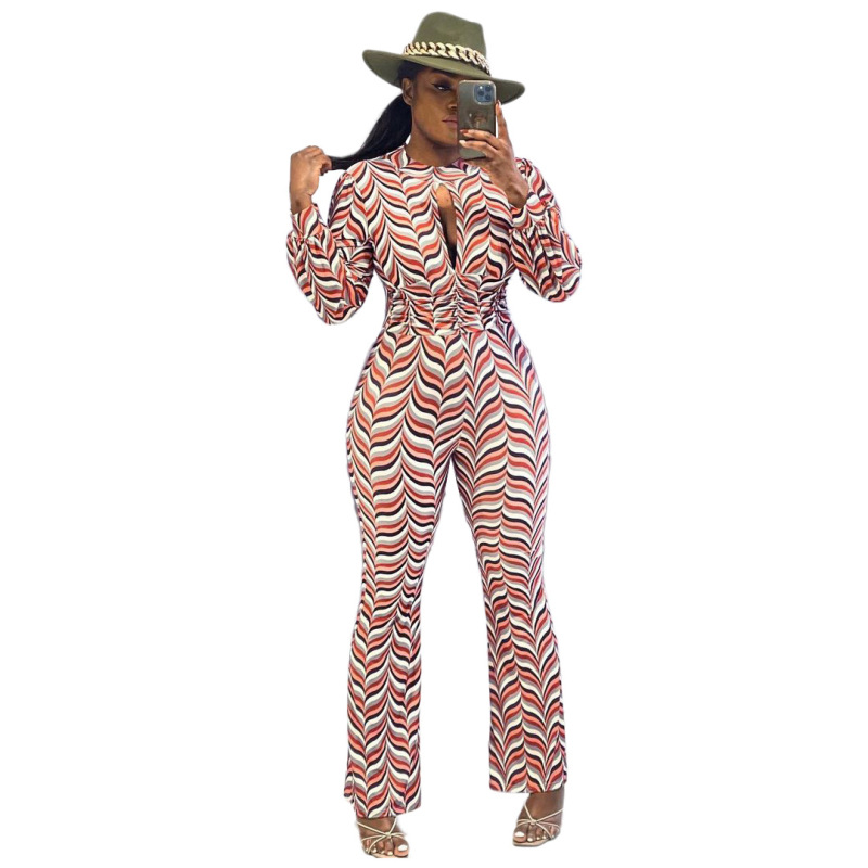 Women Hollow Waist Pleated Printed Flared Pants Jumpsuit