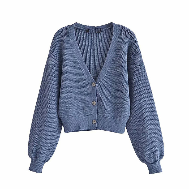 Women Casual Solid Color V Neck Long-Sleeved Single-Breasted Knitted Sweater Cardigan