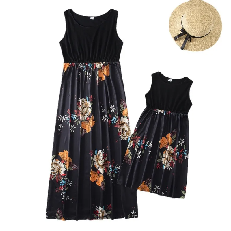 Fashion Summe Rvacation Floral Print Mother And Daughter Splicing Maxi Family Dress
