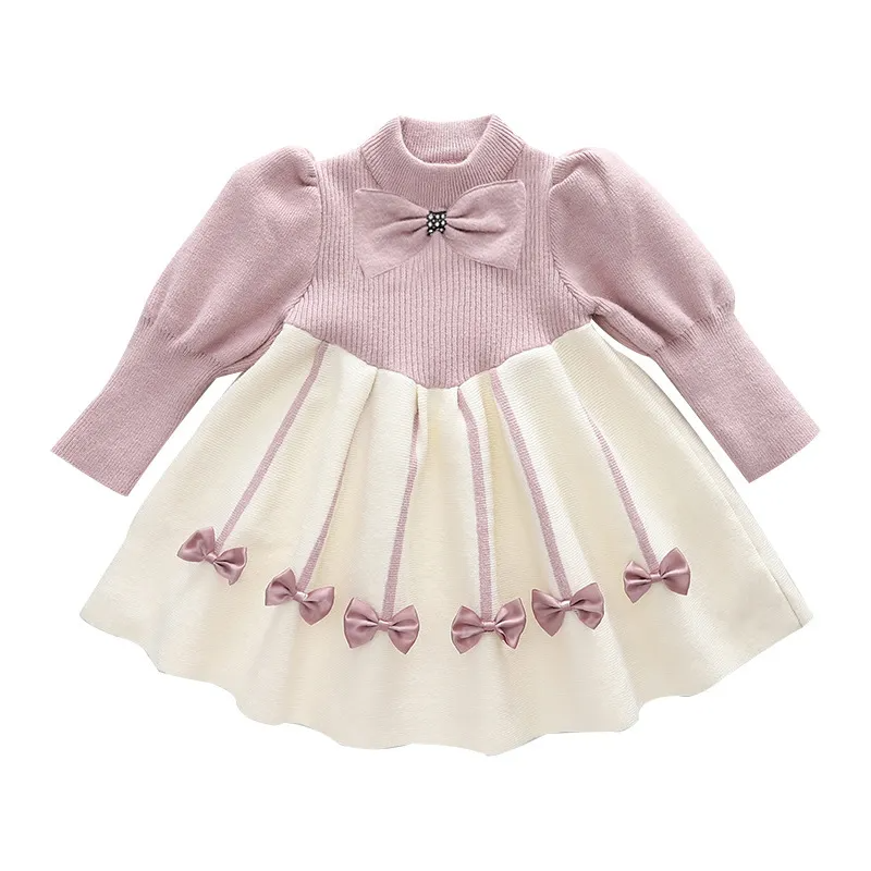 Kids Toddler Girls Autumn Winter Fashion Rest Simple Color Matching Bow Round Neck Sweater Pleated Dress