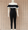 Women Black White Ruffle Line Neck Short Sleeve Neck Waist Slim Jumpsuit