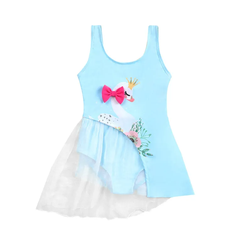 Children Kids Baby Fashion Girls Cute Swan Print One-Piece Swimsuit