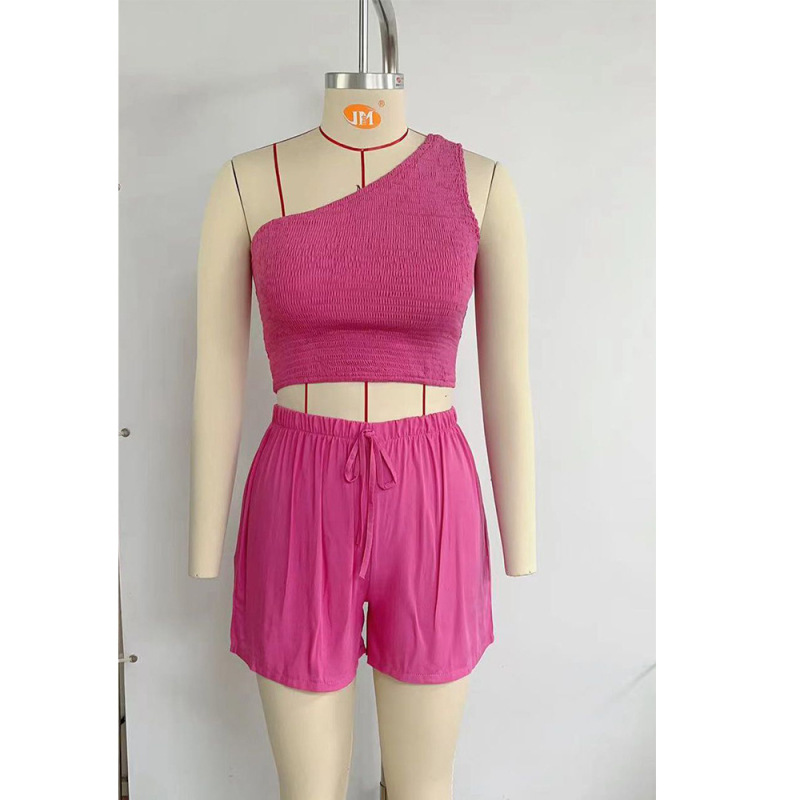 Women'S Fashion One-Shoulder Crop Top + Shorts Two-Piece Set