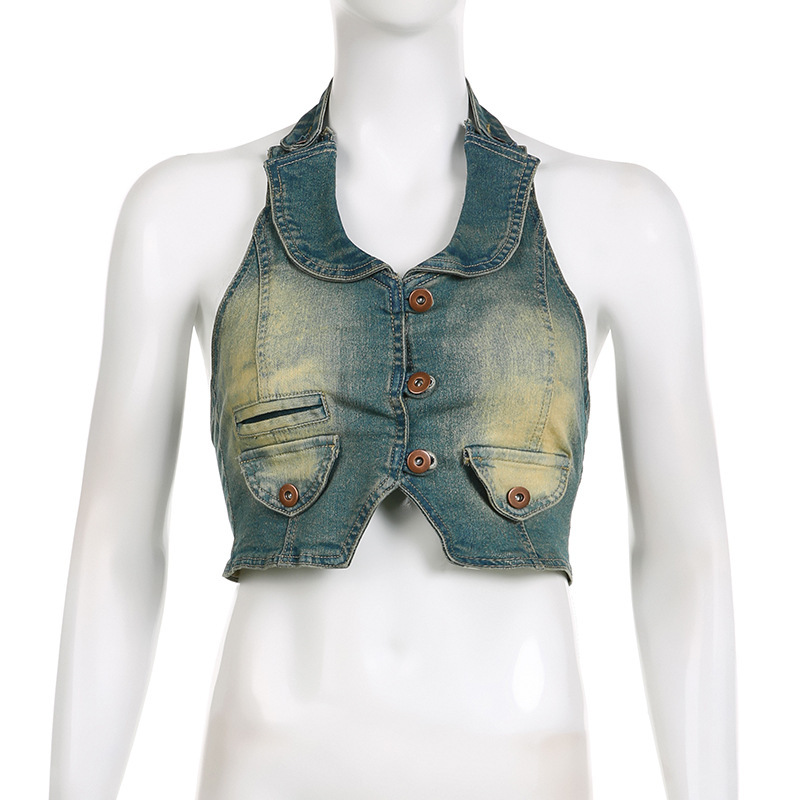 Women Edgy Fashion Distressed Denim Three-Breasted Backless Halter Neck Lapel Vest