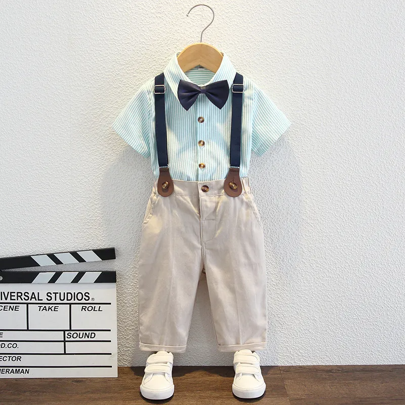 Kids Toddler Big Boys Fashion Casual British Style Solid Color Bow Button Stripe Waistcoat Shirt Suspender Trousers Party Clothing Set