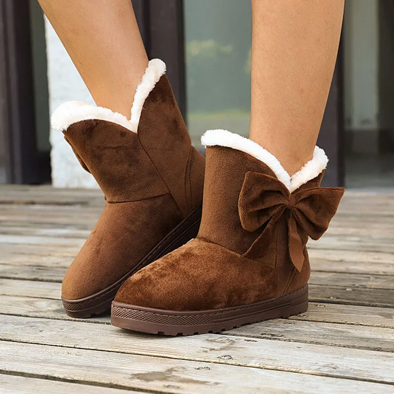 Women Winter Bow Decor Fleece Lined Plush Snow Short Boots