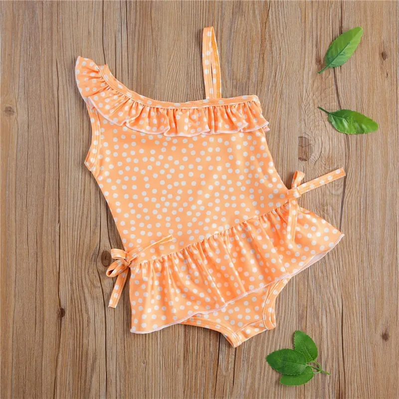 Girls Slant Shoulder Polka Dot One-Piece Swimsuit